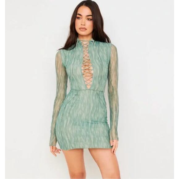 House Of CB Dress XS Dylan Green Colour Ivy Printed Mesh Lace Up Mini Sexy Party - Picture 3 of 16